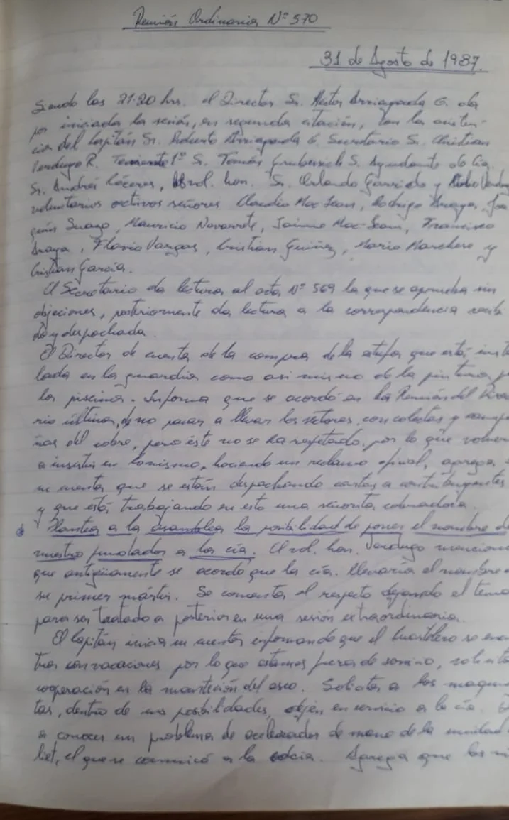 Página manuscrita del libro de actas de la Cuarta: Reunión Ordinaria N.º 570, del 31 de agosto de 1987.
